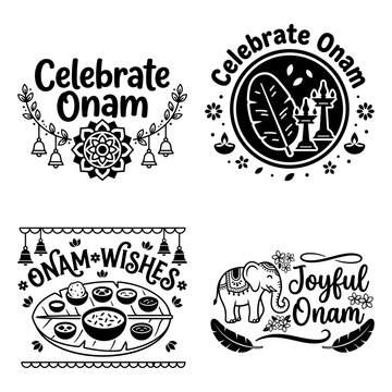 Onam wishes leaf lamp elephant and pookalam label set