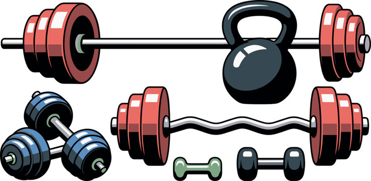 Fitness training equipment icon set with iron barbells kettlebell and dumbbells vector illustration elements.
