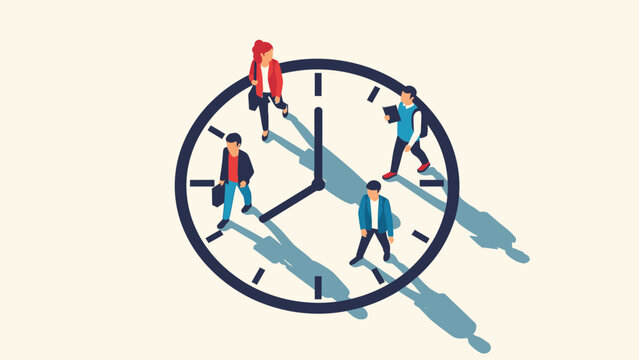 People rushing on clock face, busy schedule concept