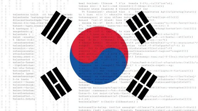 South Korea national flag with binary code and digital data flow background