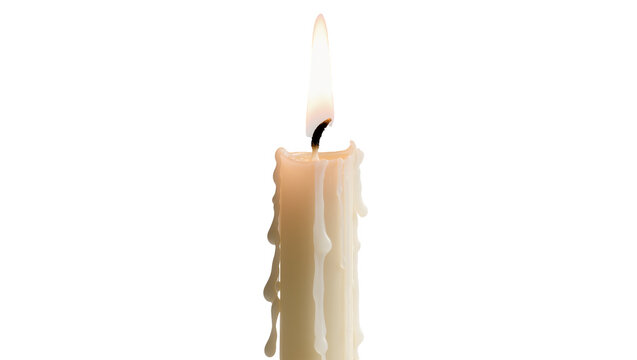 Burning white candle with dripping wax, isolated on transparent background
