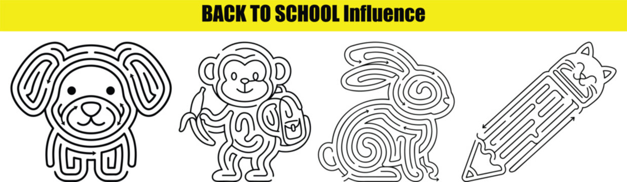 Back to school line maze collection featuring dog monkey snail and pencil