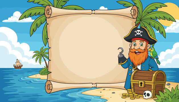 Pirate cartoon character standing on beach with treasure chest and scroll