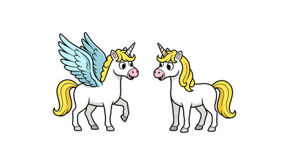Two cartoon unicorns with wings and yellow manes facing each other © MorsidaStock