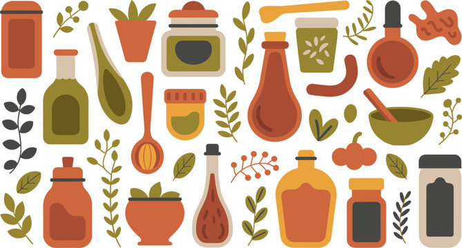 Flat vector set of kitchen herbs spices condiments and cooking oil bottles on white background
