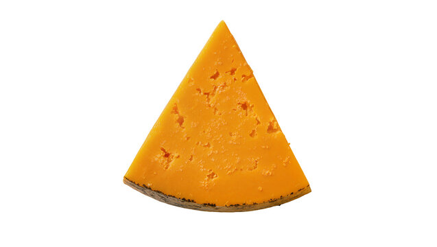 Wedge of sharp cheddar cheese with small holes, isolated on transparent background