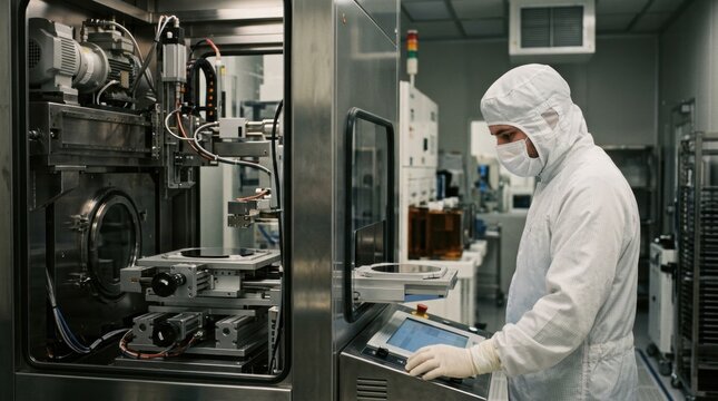Medium shot showcasing mediumcurrent ion implantation process highlighting the intricate equipment and technician monitoring wafer surface adjustments in a cleanroom.