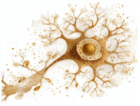 Human astrocyte glial cell anatomy illustration showing star shaped cellular architecture with extensive branching processes and neural support network organization in warm amber gold tones on white b