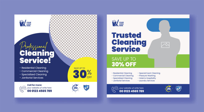 Social Media Posts Advertising Banners Square Poster Flyer Template for Cleaning Service Disinfection Hygiene Sanitation Home Industrial Sanitizing Service Maid Laundry Pressure Wash Promotion