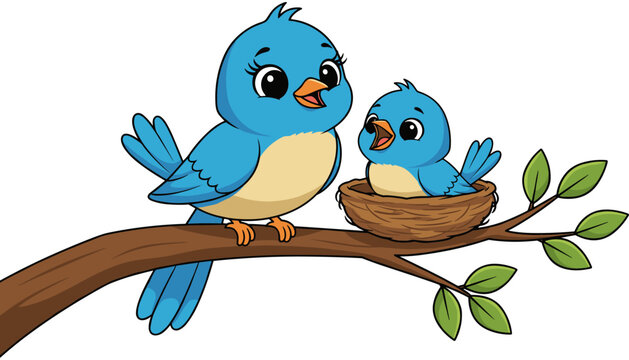 Two blue birds on a branch with nest
