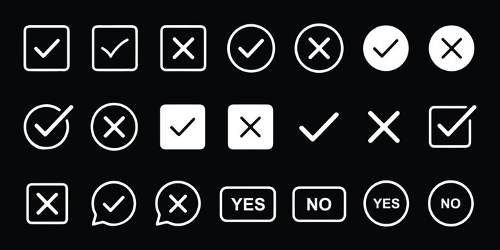 Check tick mark icon set, hand drawn cross box x check mark checkbox v, sketch marker checklist symbol right and wrong set, brush marker checklist symbol, Hand drawn doodle vote yes no. EPS 10. 