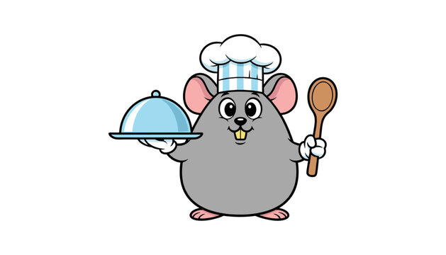 Cartoon mouse chef holding serving dish and spoon