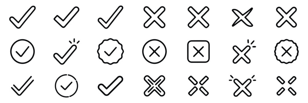 Check mark icon set in black. Check box set, check list signs, approval badge. check mark icon. check mark and cross icons black on white background. tick and cross button. 