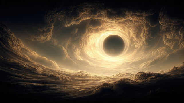 A digital artwork depicts a celestial scene. A large, swirling vortex of light and shadow creates a mesmerizing effect. The vortex is illuminated by a warm, golden light.