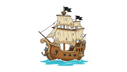 Vintage pirate ship sailing on water, nobody, illustration © MorsidaStock