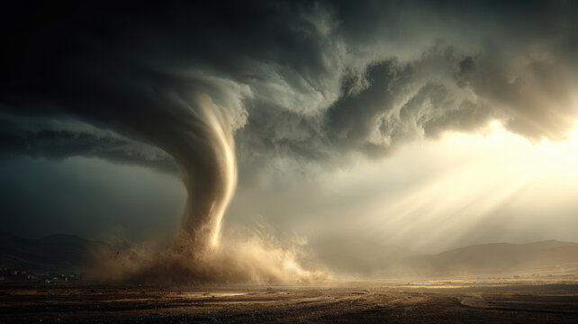 Tornado, twister, weather, natural disaster. A dramatic depiction of a tornado, captured in a dramatic style. The tornado is depicted as swirling clouds.