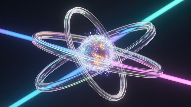 Futuristic digital atom model with colorful orbital paths and bright central nucleus in dark space background