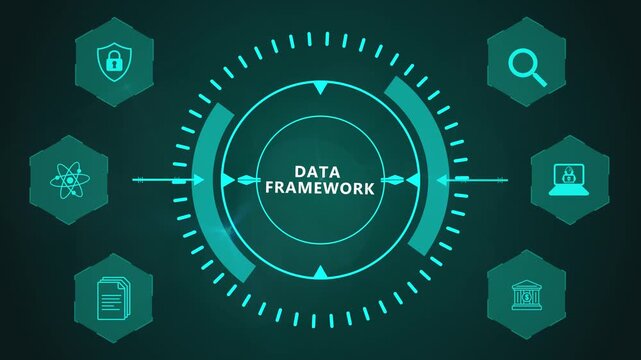 Data Framework Visualization with Interactive Circular Business Analytics Interface and Futuristic Technology Elements on Dark Background