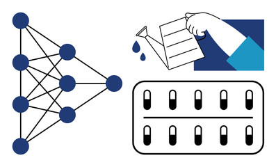 Artificial intelligence, data processing, machine learning, network growth, health management, information systems. Visual of a neural network, hand watering and capsules. AI and data processing © robu_s