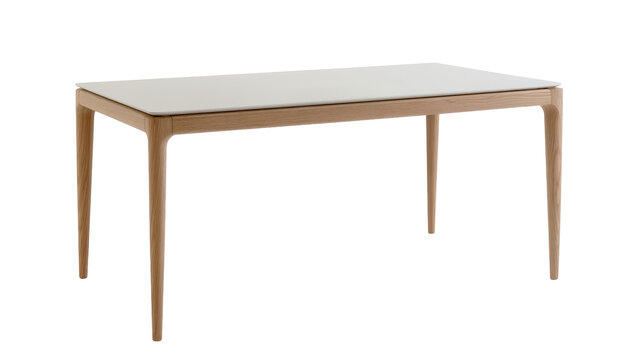 Modern rectangular dining table with light wood frame and white top, isolated on transparent background