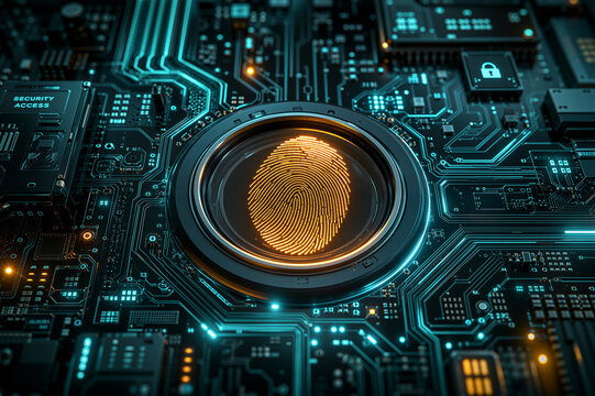 Illuminated orange fingerprint touch sensor on a dark technical microcircuit background for authorization network concept