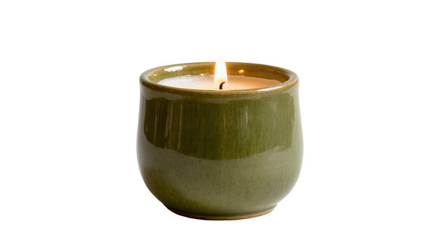 Green ceramic candle with lit wick, isolated on transparent background
