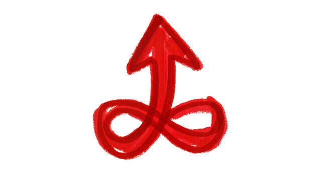 Red infinity arrow symbol hand-drawn brush stroke, isolated on transparent background