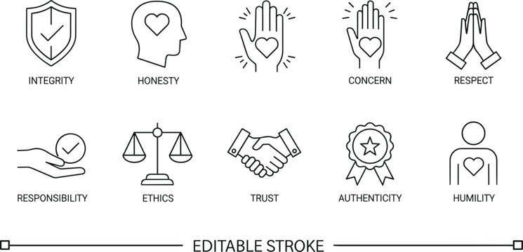 Business ethics line icons set, corporate values and moral integrity symbols, honesty trust respect and responsibility vector, ethical leadership elements