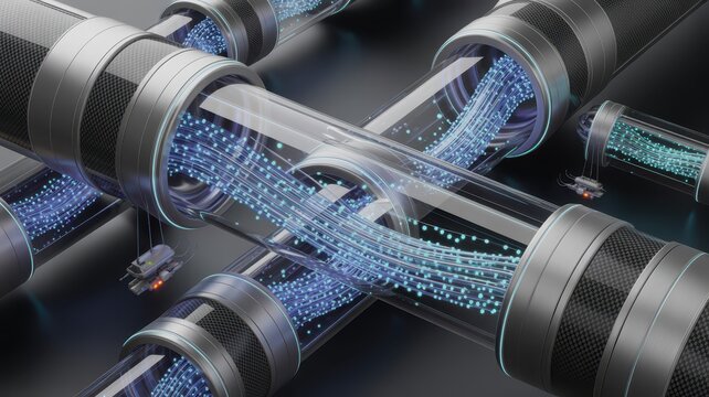 Advanced data transfer technology concept with multiple transparent tubes and digital data streams