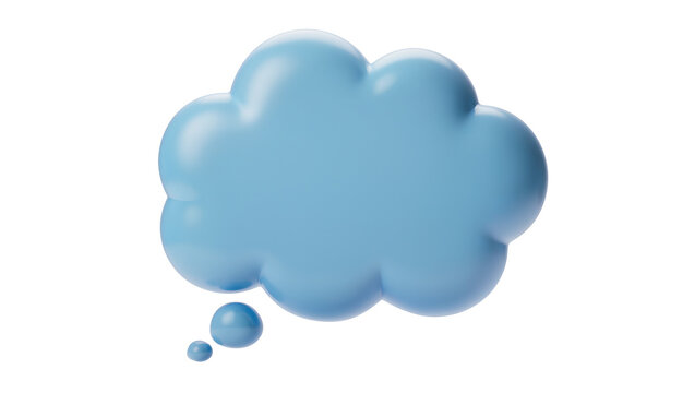 Blue 3D thought bubble with small dots, isolated on transparent background
