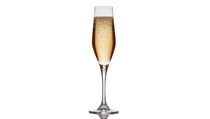 Tall champagne flute filled with bubbly golden champagne, isolated on transparent background © Nolan