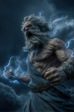 Greek mythology god Zeus. Fantasy. A dramatic portrayal of a muscular, bearded man, set against a dark, stormy sky. The mans face is contorted in a fierce expression, his mouth wide open.