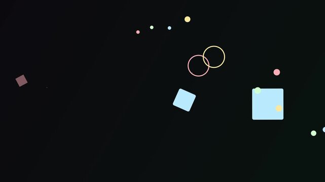 Playful pastel geometric shapes burst transform and move dynamically on dark background motion graphics animation