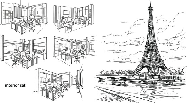 Vector hand drawn architectural sketch set featuring modern office interior layouts and a scenic panoramic view of the Eiffel Tower in Paris France