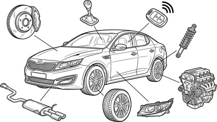 Vector hand drawn sketch infographic of modern sedan car layout showing various auto spare parts like engine brake disc shock absorber and tire © MdGohurul