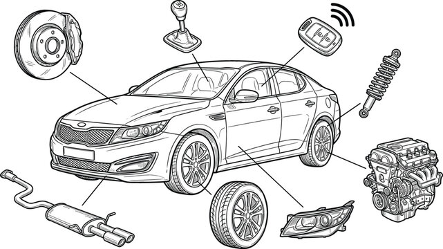 Vector hand drawn sketch infographic of modern sedan car layout showing various auto spare parts like engine brake disc shock absorber and tire