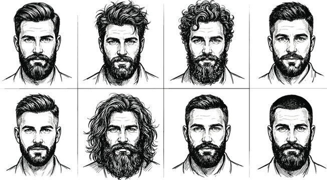 Vector illustration set of men faces with different trendy hairstyles and thick beards, male avatars and haircuts collection for barbershop banner design
