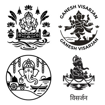 Ganesh Visarjan celebration with river and temple set