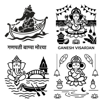 Ganpati Bappa Morya boat festival line art set