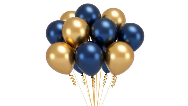 Cluster of metallic navy blue and gold balloons with curling ribbons, isolated on transparent background