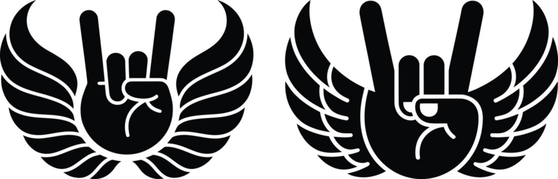 Rock and roll hand gesture with wings graphic vector illustration devil horns heavy metal hard rock sign of the horns festival illustration silhouette