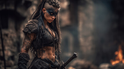 Obraz premium Fantasy wallpaper. A dramatic portrayal of a warrior in a postapocalyptic setting. The warrior has a fierce expression, piercing blue eyes, and a mohawklike hairstyle. They wear dark.
