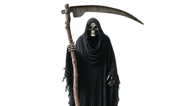 Grim Reaper holding a scythe with a skull face, isolated on transparent background