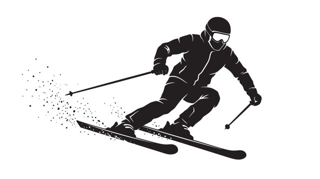 Skier tactical combat silhouette mid-descent with ski poles vector icon for winter sports banners featuring skiing, slope, action pose with graphic