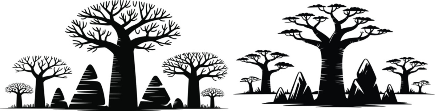 African baobab tree landscape silhouette vector illustration with black and white landscape wilderness silhouette illustration environment vegetation