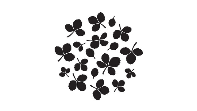 Strawberry leaves cluster with scattered black silhouette doodles on clean white background for botanical design accents