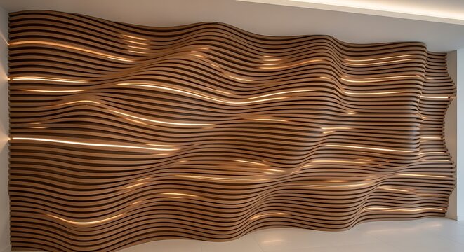 Modern parametric wooden wall paneling with integrated led lighting