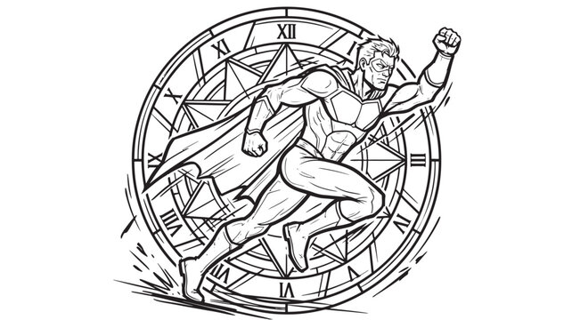 Superhero running with clock emblem in dynamic action pose featuring comic, hero, strength with power and speed elements for time, Roman numerals