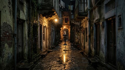 Fototapeta premium Rainy Indian Gali Night Reflection | Old City Monsoon Alley Cinematic Scene