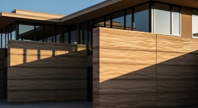 Modern building with textured rammed earth facade and glass windows